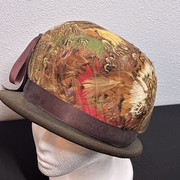 Henry Pollak Velvet Feather Cloche Hat Netting Vintage Womens Size M (ST) main image 10